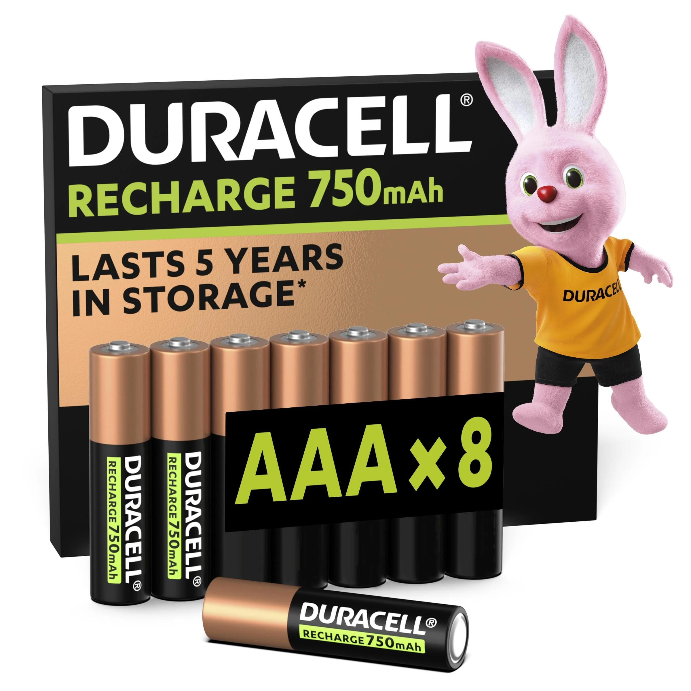 Duracell AAA Rechargeable Batteries (Pack of 8), 750 mAh NiMH, 1000 cycles, pre-charged, Long Lasting Power with a 0% plastic 100% recyclable packaging