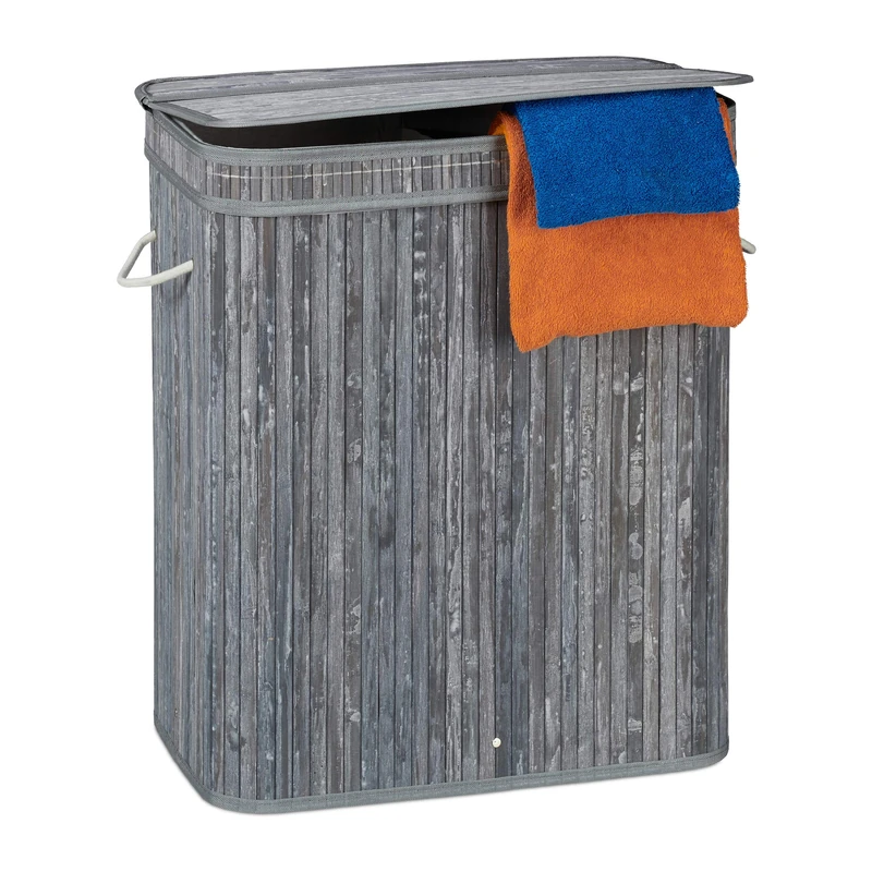 Relaxdays Lidded Laundry Hamper, 2 Compartments, Partitioned Bag, Ventilated, 72 Litres, Bamboo Basket, Grey
