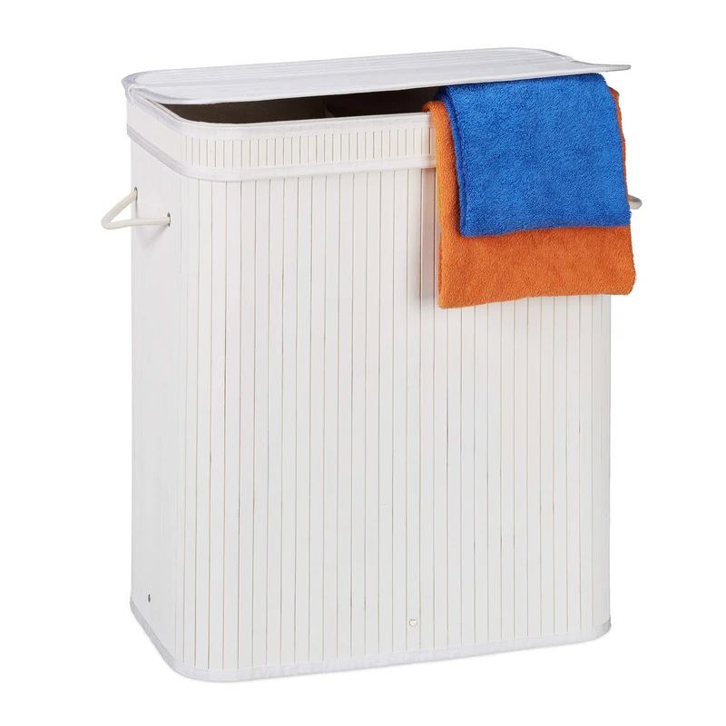 Relaxdays Lidded Laundry Hamper, 2 Compartments, Partitioned Bag, Ventilated, 72 Litres, Bamboo Basket, White
