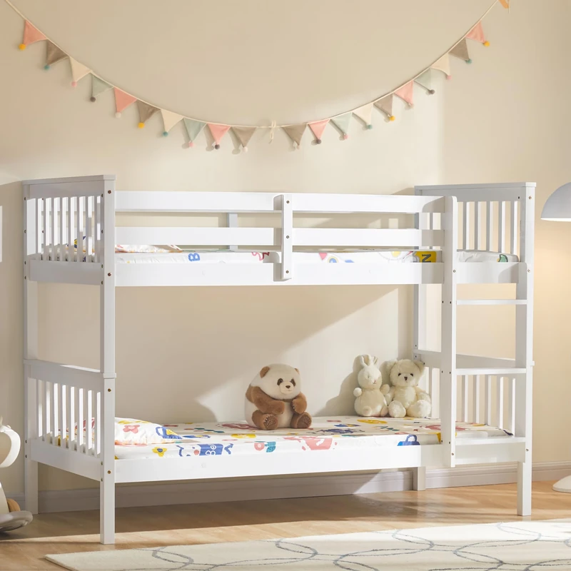 Vida Designs Milan Bunk Bed With Ladder, Kids Twin Sleeper, Solid Pine Wood Frame, Children's, Single 3 Foot, White