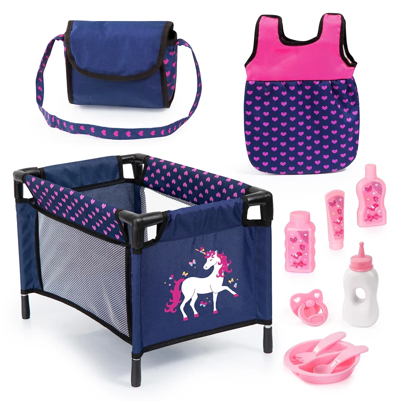 Bayer Design 61754AC Doll Accessories, baby doll bed, bag, sleeping bag, care set, bottle, dummy