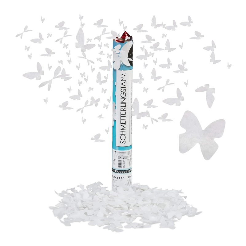 Relaxdays Party Popper with Butterflies, 6-8m Effect Height, Wedding & Engagement, Paper Confetti, 40 cm, White