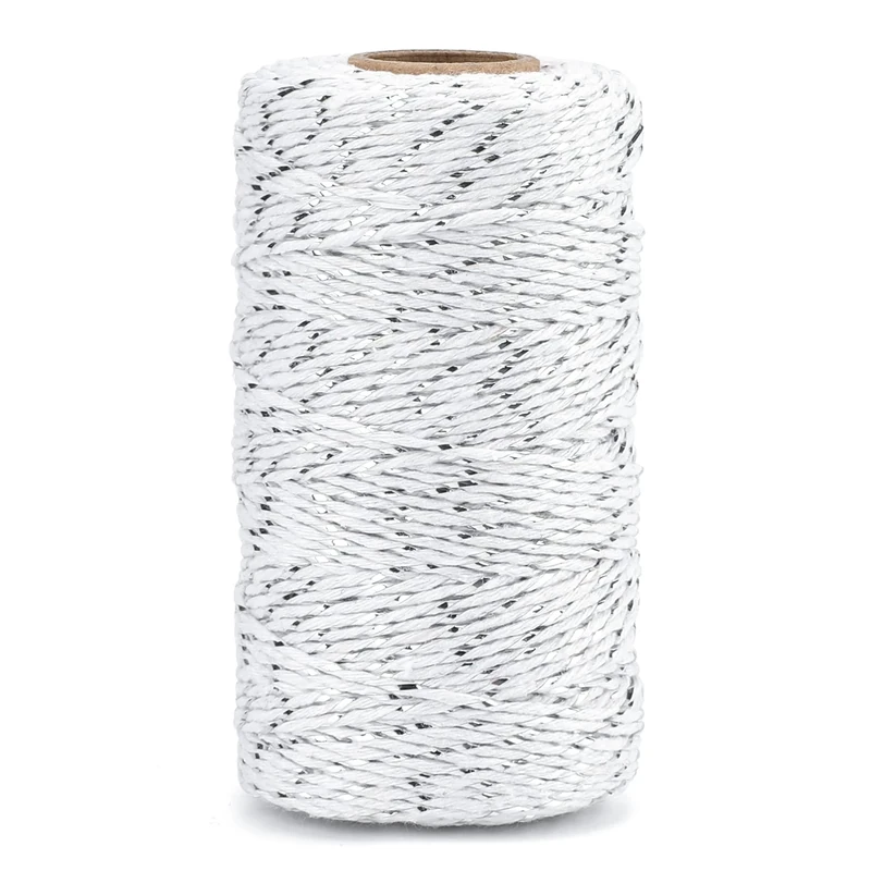 G2PLUS White Cotton Twine with Silver Glitter String - 100M Christmas Decorative Bakers Twine for DIY Gift Decorations
