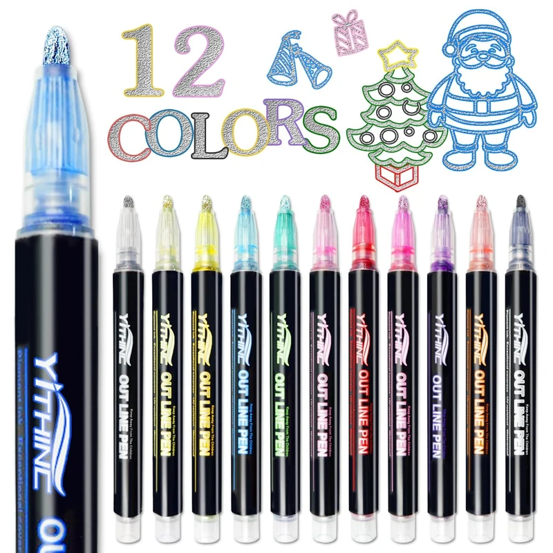 YITHINC Glitter Pens Outline Marker Pen, Arts and Crafts Gift for Kids Girls, Teenage Girls Gift, 12 Sparkle Metallic Colouring Pens, Easter Gifts for 4 5 6 7 8 9 10 11 12 Year Old Girls