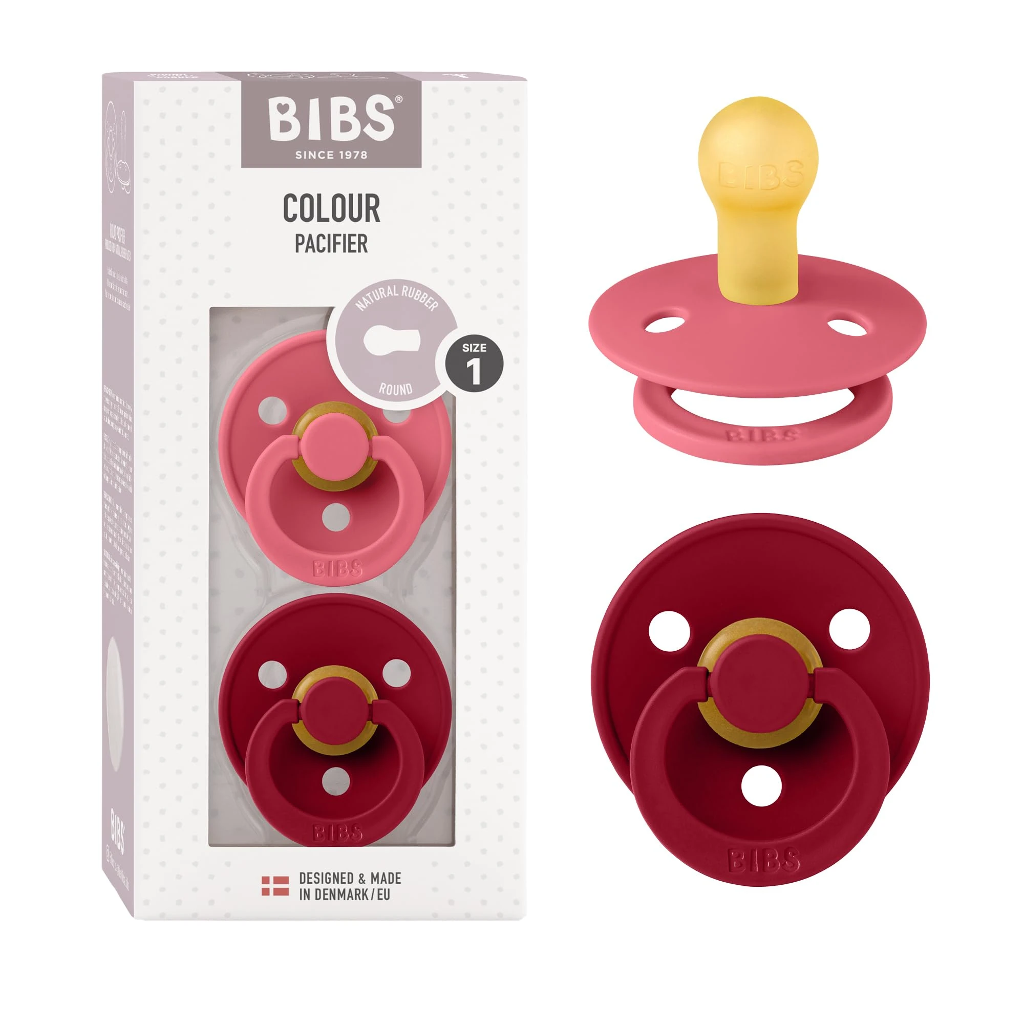 BIBS Colour Soother 2-Pack, BPA Free Dummy Pacifier, Round Nipple. Natural Rubber Latex, Size 1 (0-6 Months), Coral/Ruby
