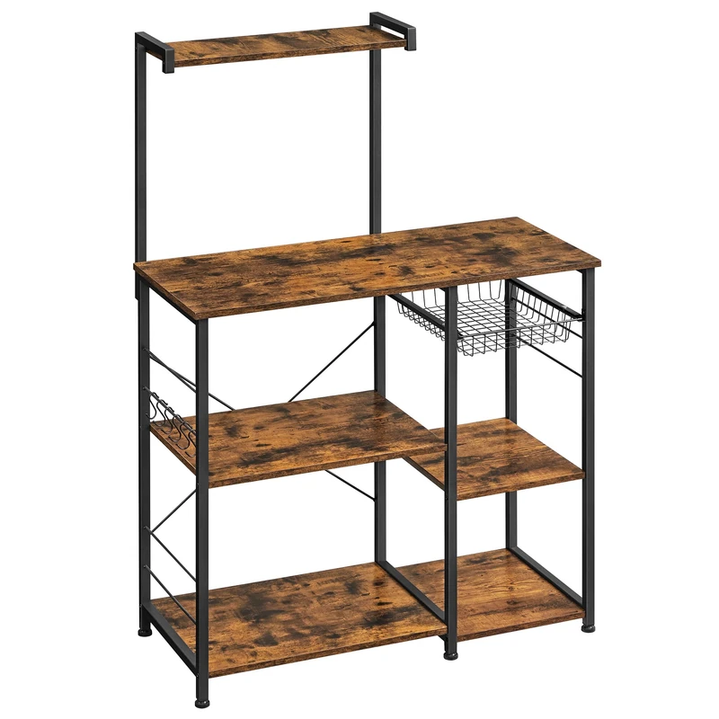 VASAGLE Baker抯 Rack with Shelves, Microwave Stand with Wire Basket, 6 S-Hooks, Kitchen Shelf, Utility Storage for Spices, Pots, and Pans, Rustic Brown KKS35X