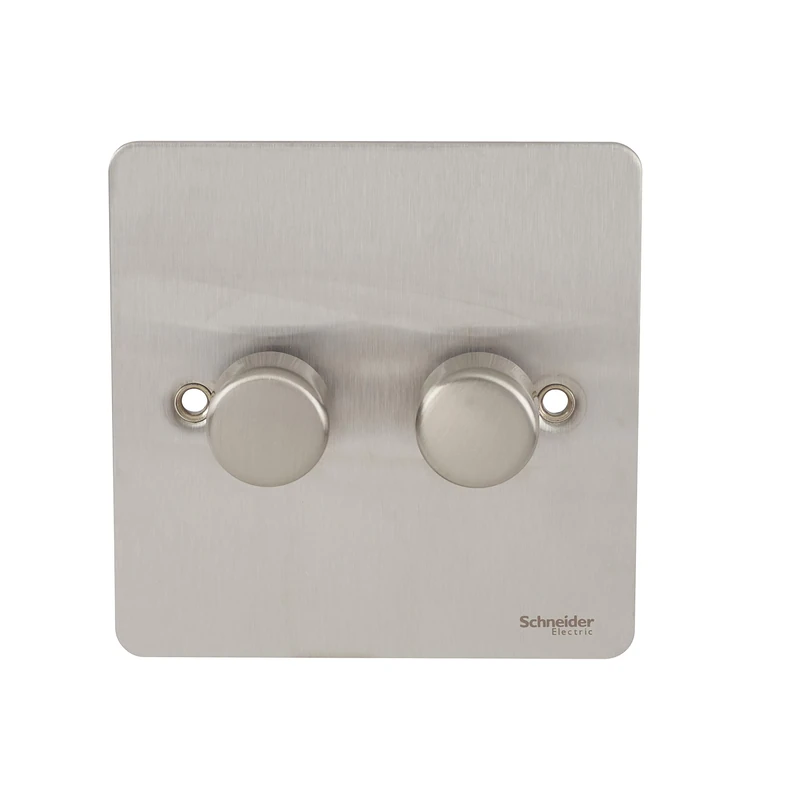 Schneider Electric Ultimate Flat Plate - Double 2 Way Dimmer Light Switch, Main & Low Voltage, 250W/VA, GU6222CSS, Stainless Steel