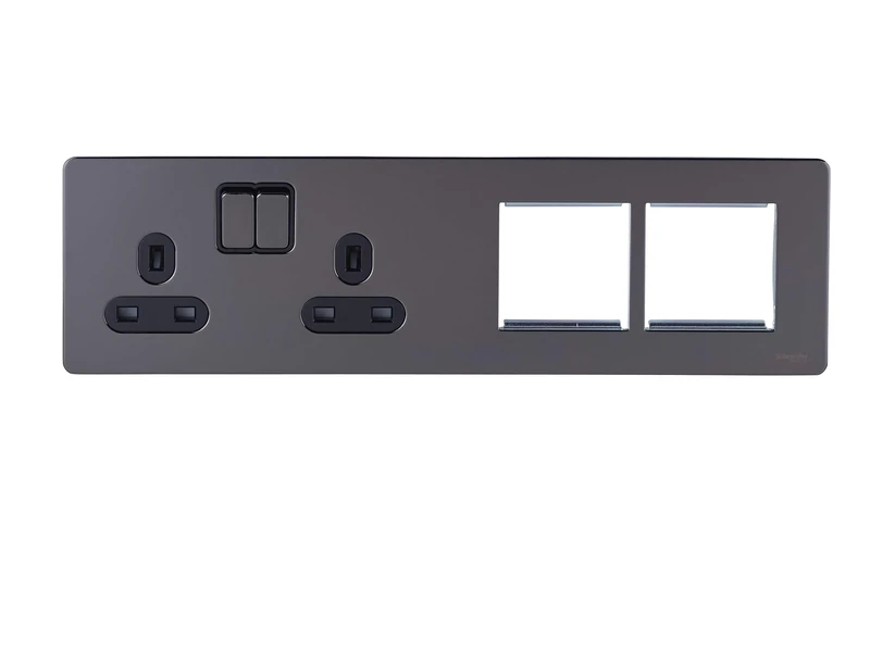 Schneider Electric Ultimate Screwless Flat Plate - Switched Double Power Socket, Double Pole, with Combination Media Plate, GU34202DMPBBN, Black Nickel with Black Insert