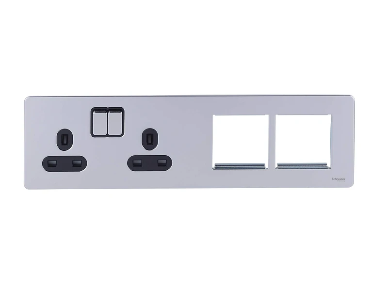 Schneider Electric Ultimate Screwless Flat Plate - Switched Double Power Socket, Double Pole, with Combination Media Plate, GU34202DMPBPC, Polished Chrome with Black Insert