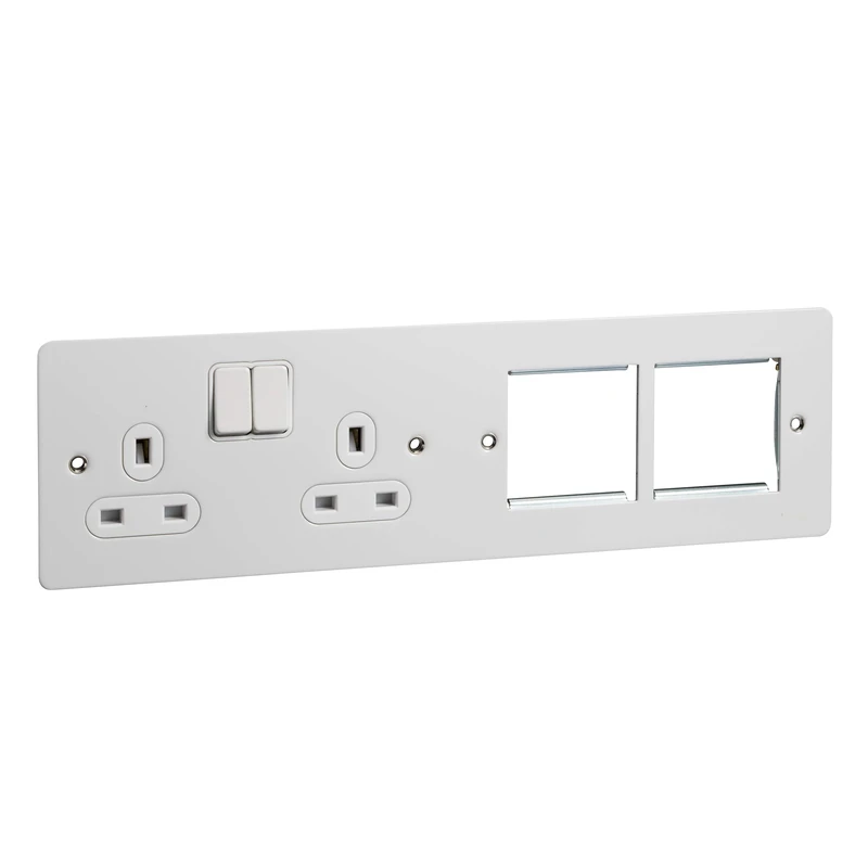 Schneider Electric Ultimate Flat Plate - Switched Double Power Socket, Double Pole, with Combination Media Plate, GU32202DMPWPW, Painted White with White Insert