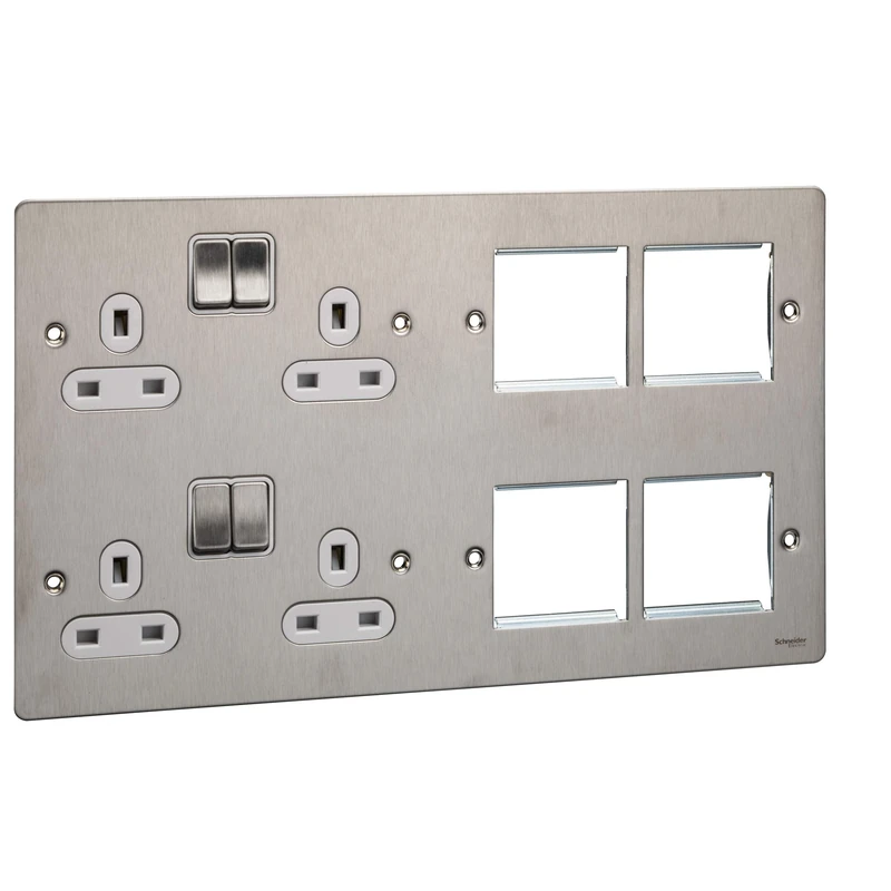 Schneider Electric Ultimate Flat Plate - Switched 4 Gang Power Socket, Double Pole, With Combination Media Plate, GU32204DMPWSS, Stainles Steel With White Insert
