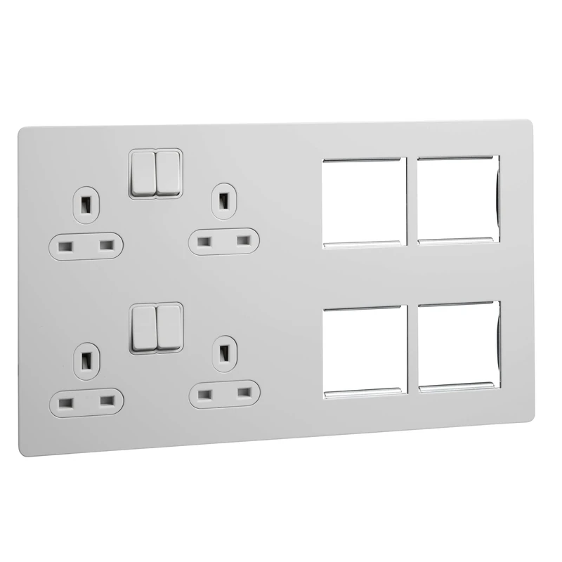 Schneider Electric Ultimate Screwless Flat Plate - Switched 4 Gang Power Socket, Double Pole with Combination Media Plate, GU34204DMPWPW, Painted White with White Insert