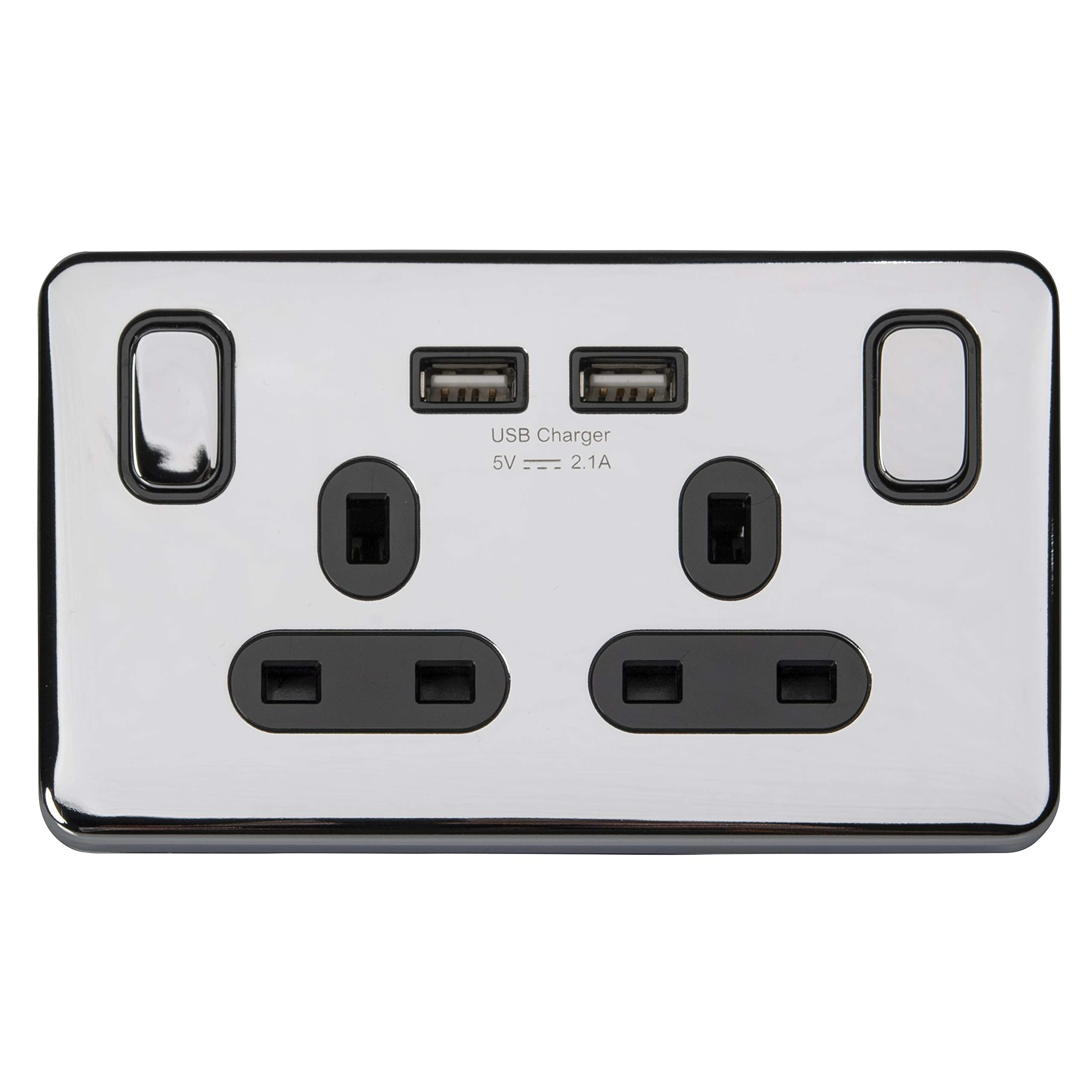 Schneider Electric Lisse Screwless Deco - Switched Double Power Socket with USB Charging Ports, Single Pole, 13A, GGBL30202USBABPCS, Polished Chrome with Black Insert