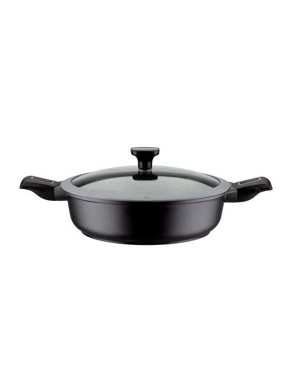 GSW 167833 Easy Click Sauté Pan with Glass Lid, 1 Removable Handle / 2 Removable Side Handles, Aluminium, Black, Diameter 28 cm