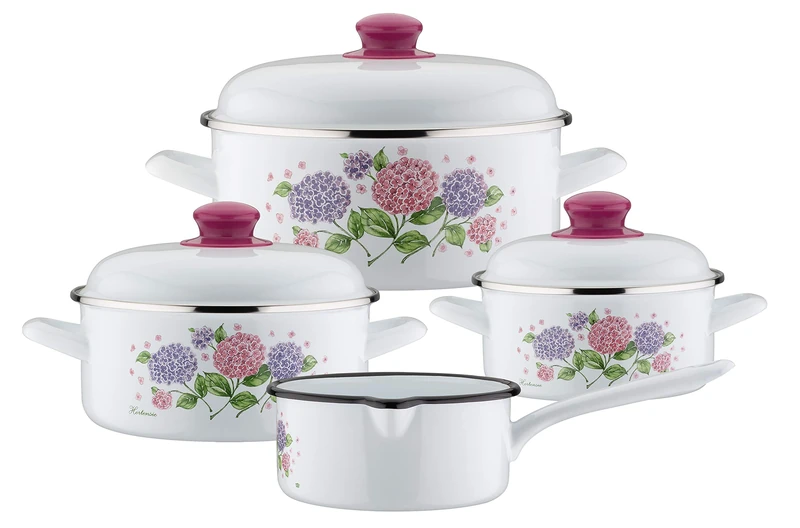 GSW 189989 Hydrangea Saucepan Set 7 Pieces Steel Enamel Plastic White