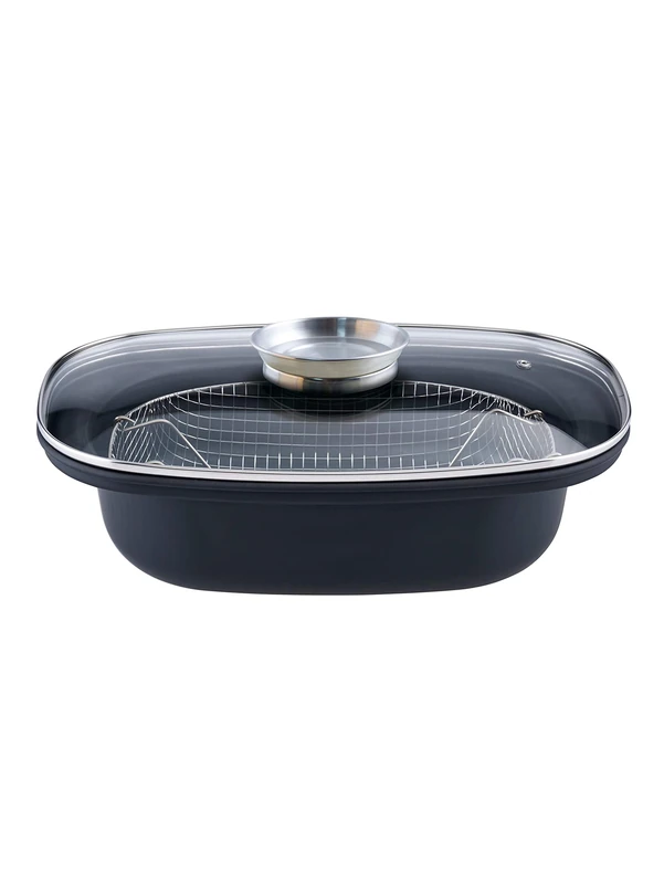 GSW 414593 Aroma Roasting Dish with Insert 39 x 25 cm Carbon Steel Rustproof Stainless Steel Glass Black