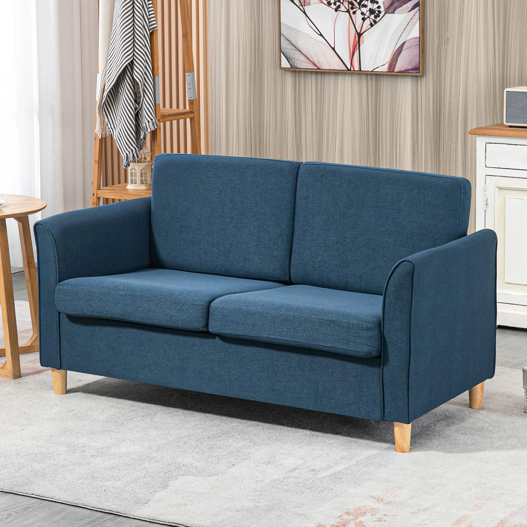 HOMCOM 2 Seater Sofa, Compact Loveseat, Linen Upholstered Couch with Wood Legs and Armrest, Small Sofa for Living Room and Home Office Blue