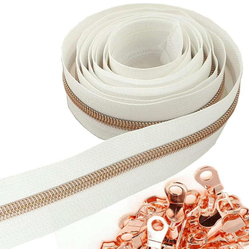 #5 Rose Gold Metallic Nylon Coil Zippers by The Yard Bulk 10 Yards White Tape with 25pcs Rose Gold Sliders for DIY Sewing Tailor Craft Bag Leekayer(White)
