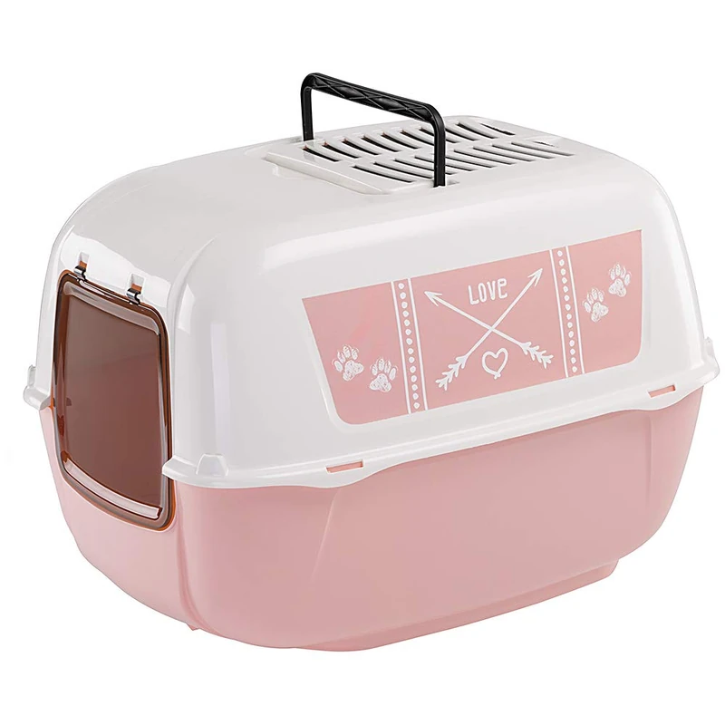 Ferplast Hooded Cat Litter Tray Box, PRIMA DECOR Cat Toilet Box with Door and 2 Activated Carbon Filters against bad odors, 57.5 x 51.5 xh 22 cm, pink