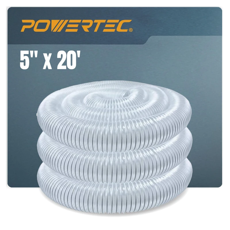 POWERTEC 70266 5" x 20' PVC Woodworking and Shop Vacuum, 5 Inch Collector Hose for Dust Collection Fittings 20 Feet | Flexible Clear View Heavy Duty