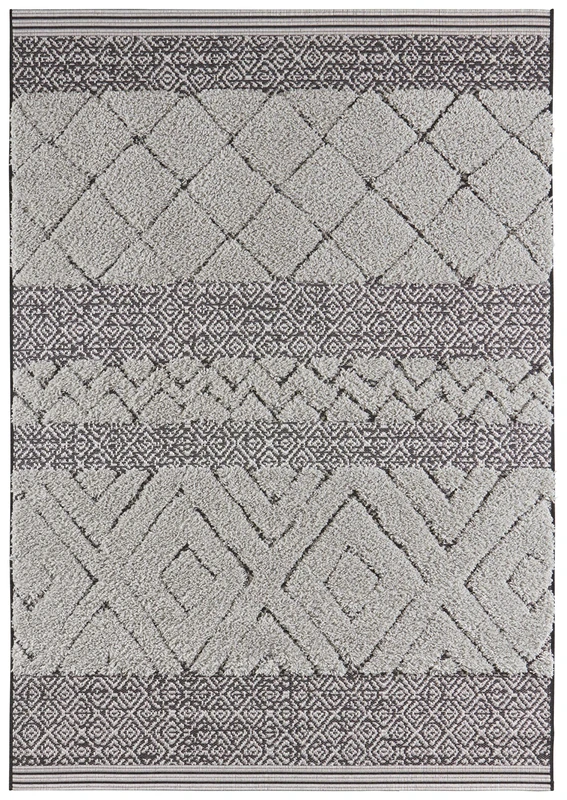 Mint Rugs Todra Rug - Living Room Rug Flat Woven with High Pile Details in Ethnic Design, Cuddly Vintage Runner for Living Room, Bedroom, Dining Room, Hallway - Black Grey, 160 x 230 cm