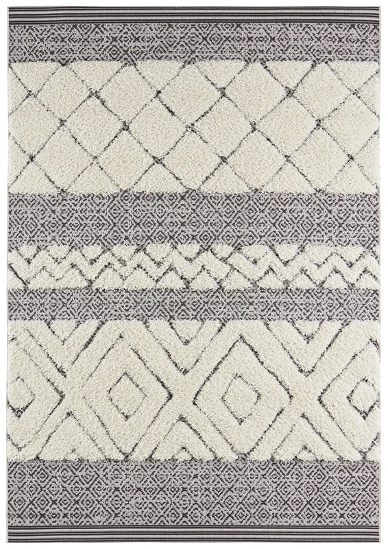 Mint Rugs Todra Rug - Living Room Rug Flat Woven with High Pile Details in Ethnic Design, Cuddly Vintage Runner for Living Room, Bedroom, Dining Room, Hallway, Black Cream, 160 x 230 cm