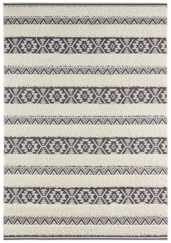 Mint Rugs Temara Rug - Living Room Rug Flat Woven with High Pile Details in Ethnic Design, Cuddly Vintage Runner for Living Room, Bedroom, Dining Room, Hallway, Cream Black, 160 x 230 cm