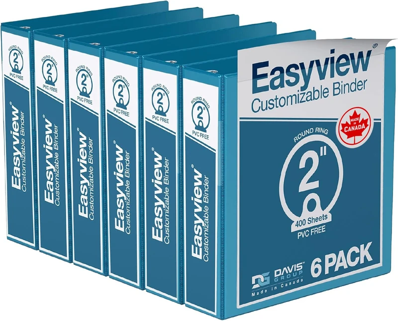 EasyView Premium 2-Inch Binders with Clear-View Covers 3-Ring Binders for School, Office, or Home, Colored Binder Notebooks, Pack of 6, Round Ring, Turquoise Blue