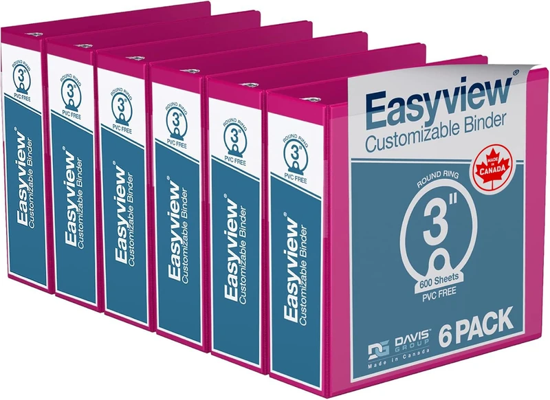 Easyview 3-Ring Binder, Clear-View Cover, 3" Round Rings, 6 Pack