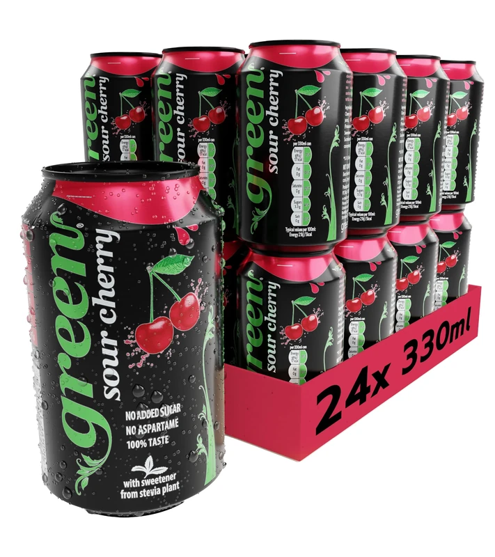 Green Sour Cherry Soft Drink - Low Calorie Fizzy Drink with 10% Natural Juice - No Added Sugar, Sweetened with Stevia - No Aspartame - Cherry Soda Cans of Pop 24 Pack (330ml x 24)