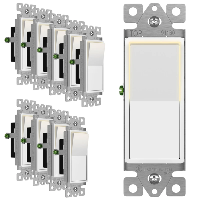 ENERLITES Illuminated Decorator Paddle Light Switch, Single Pole, Push-in and Side Wiring, Copper Wire Only, Grounding Screw, Residential Grade, 15A 120-277V, UL-Listed, 91160-W-10PCS, White 10 Pack