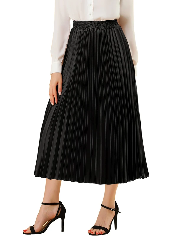 Allegra K Women's Elastic Waist Party Metallic Shiny Accordion Pleated Midi Skirt Black M-12