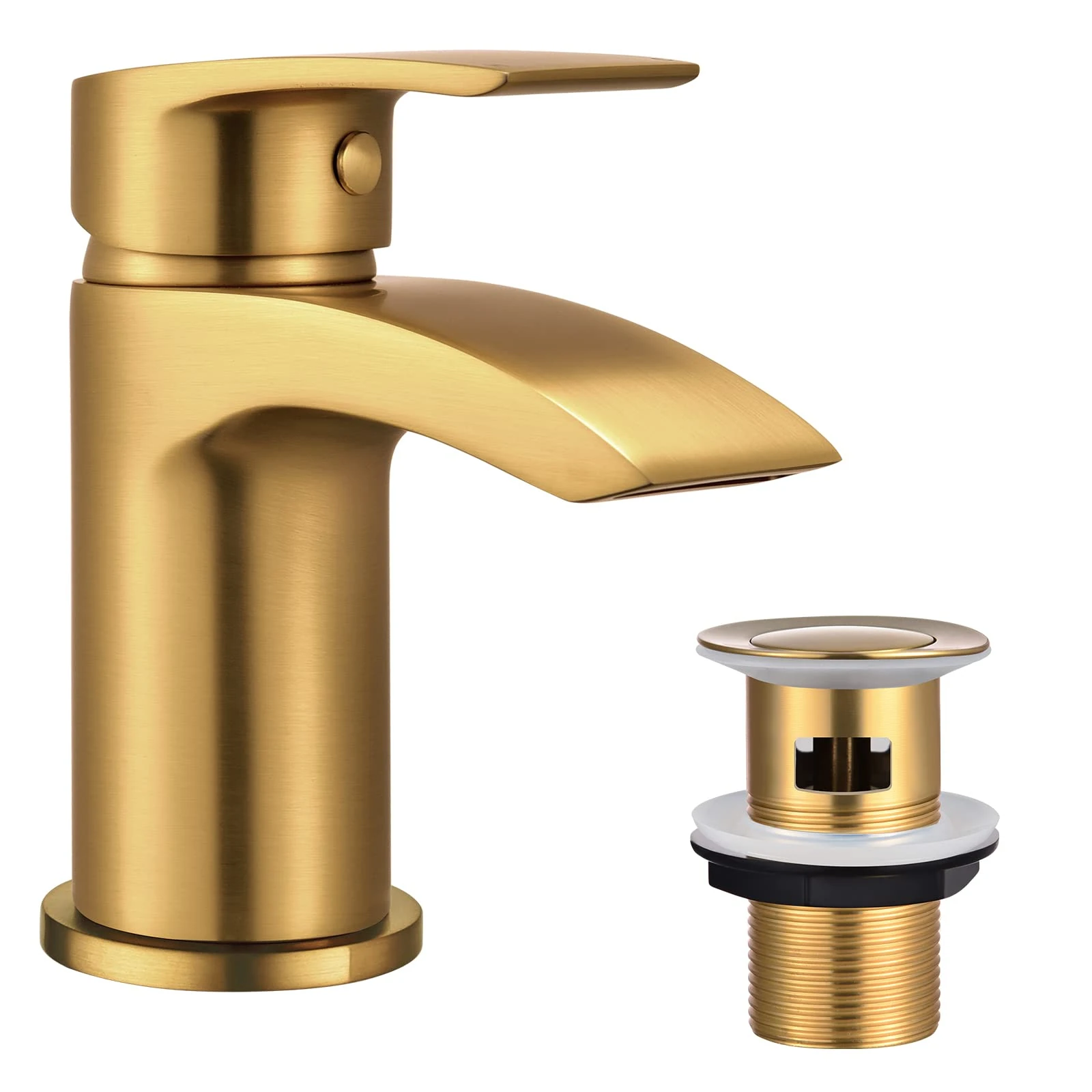Hapilife Basin Mixer Taps Waterfall with Slotted Pop up Waste Bathroom Sink Tap Mixers Brushed Gold Brass with G1/2’’ Hoses 1 Hole Cloakroom Faucet with Click Clack Waste with Overflow Mono Monobloc