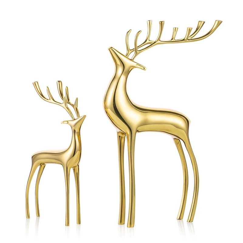 Sziqiqi Luxury Pure Copper Reindeer Statue for Home Decor, Living Room, Office, Book, Fireplace, Christmas Decoration, Gold, 2 Pack