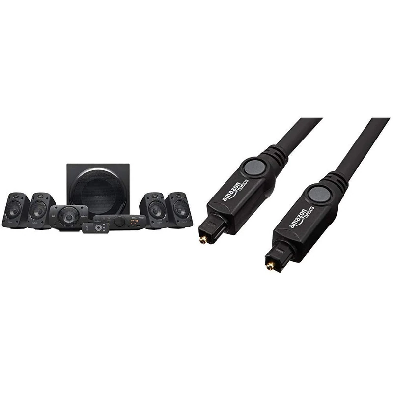 Logitech Z906 5.1 Speaker System Sound Wall Mount Speakers, 1000W Black & Amazon Basics 9.8ft Optical Cable, Black