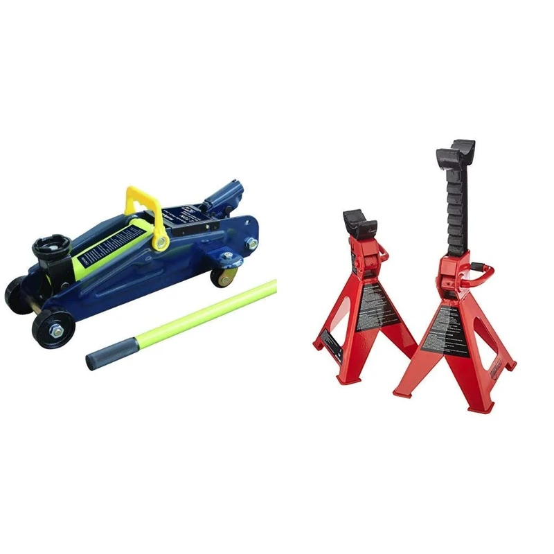 Sakura 2 Tonne Trolley Jack & Amazon Basics Steel Jack Stands, 3 Ton Capacity - 1 Pair
