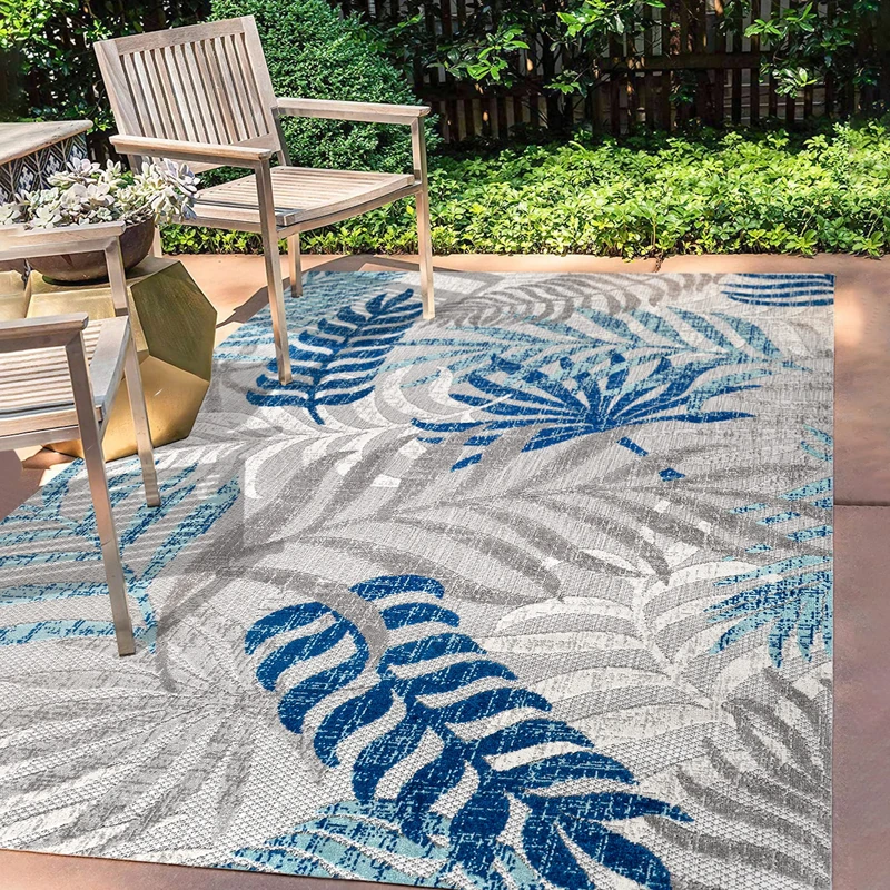 JONATHAN Y AMC100A-9 Tropics Palm Leaves Indoor Outdoor Area Rug, Coastal, Country & Floral, Contemporary Easy Cleaning, Bedroom, Kitchen, Backyard, Patio, Non Shedding, Gray/Blue, 270 cm X 370 cm