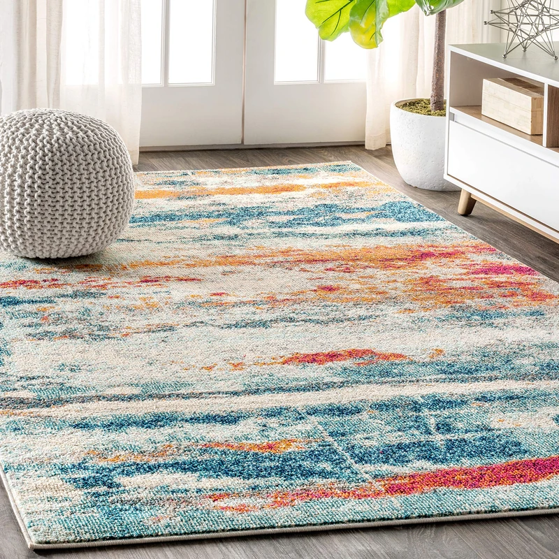 JONATHAN Y CTP102C-8 Contemporary POP Modern Abstract Brushstroke Indoor Area Rug, Transitional, Bohemian, Vintage Easy Cleaning, Non Shedding, Cream/Blue, 240 cm X 300 cm