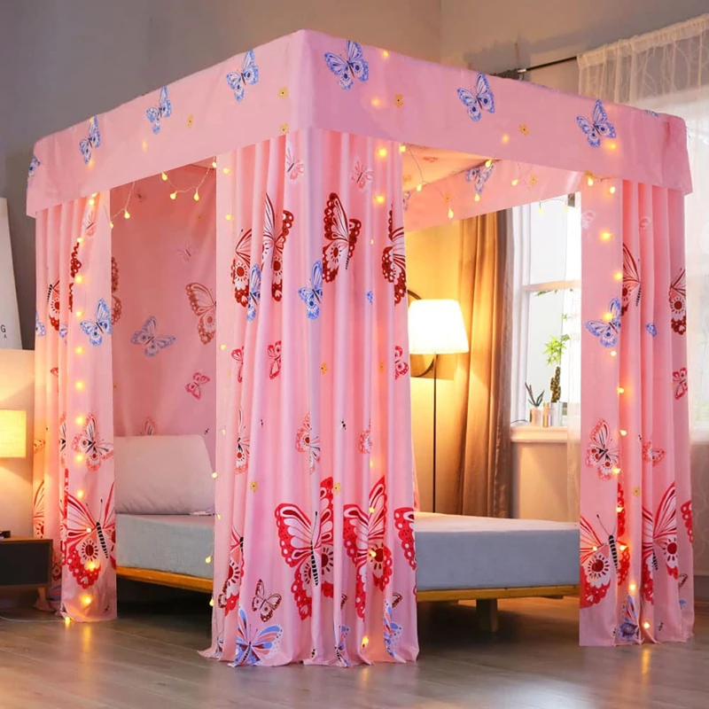 Mengersi Princess Canopy Bed Curtains Bed Drapes for Girls Adults Kids,Bedroom Decor (Queen, Pink Butterfly)