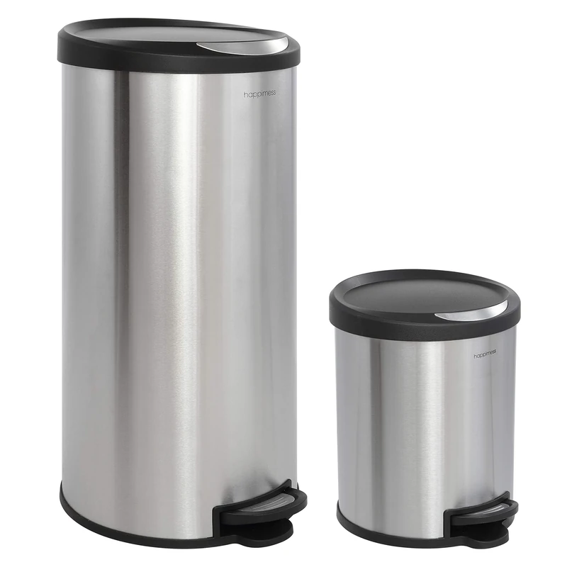 happimess HPM1001A Oscar Round 30-Liter Step-Open Trash Can with FREE Mini Trash Can for Home, Kitchen, Living Room, Dining Room, Bathroom, Office, Stainless Steel/Black