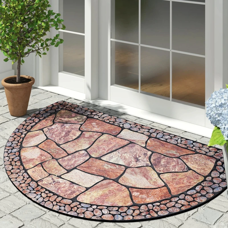 MANO Front Door Mat Outdoor Entrance, Heavy Duty Doormat Half Circle Rug for Outside Entry, Welcome Mat for Indoor Half Round Door Mats with Non Slip Rubber (21" x 33", Cobble) - Image 1