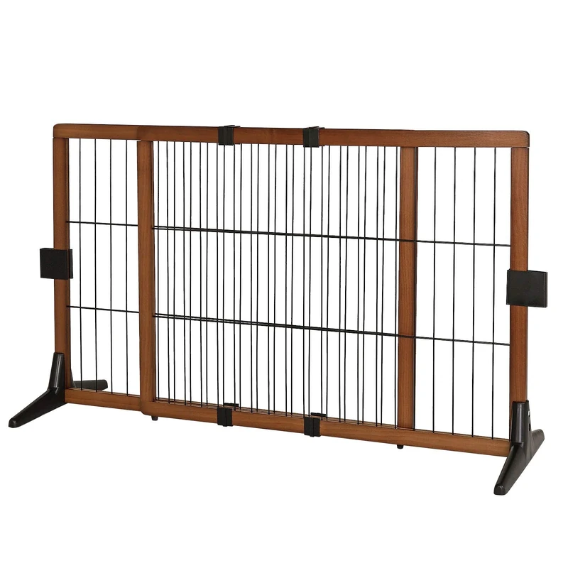 lionto Dog safety gate adjustable in length, puppy safety fence made of attractive pine wood ensures safety, 70 cm height, robust barrier gate for stairs/doors, easy assembly, brown/black