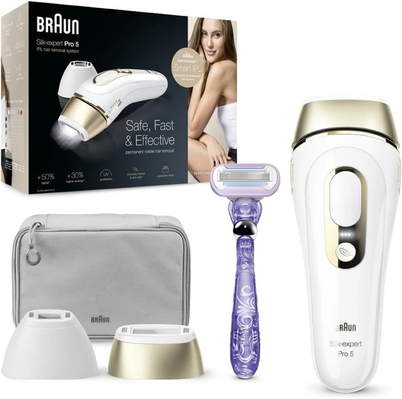 Braun IPL Silk Expert Pro 5, Visible Permanent Hair Removal With Precision Head For Body & Face, Venus Swirl Razor & Premium Pouch, Alternative For Laser Hair Removal, PL5117, White/Gold
