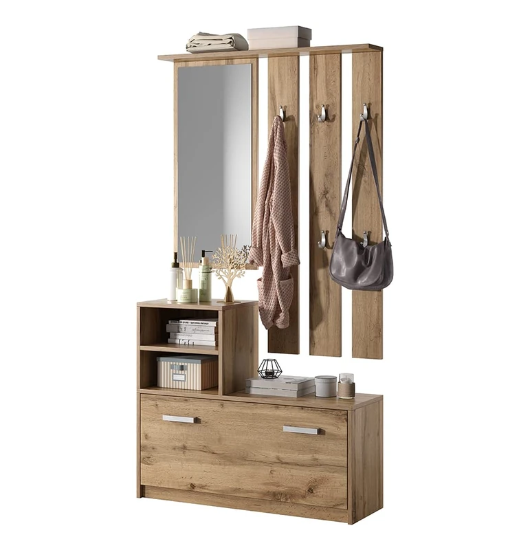 SELSEY Yesfir - Hall Tree/Hallway Furniture/Mirror and Shoe Cabinet/Golden Oak / 85 cm