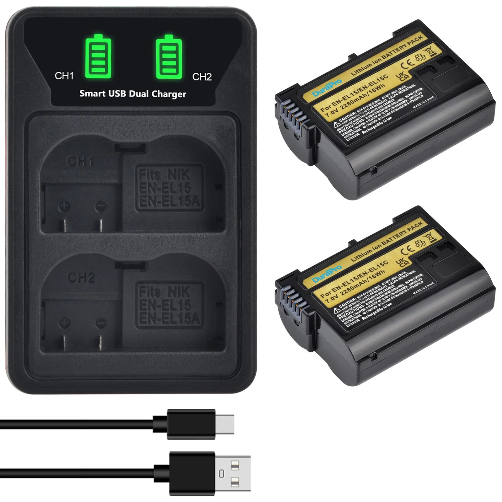 DuraPro 2Pcs EN-EL15 EN-EL15C Battery + LED Dual USB Charger with Type C Port for Nikon EN-EL15 EN-EL15A Z6, Z7, z8, D850, D810, D810A, D800, D800E, D7500, D7200, D7100, D7000, D750D810 Cameras