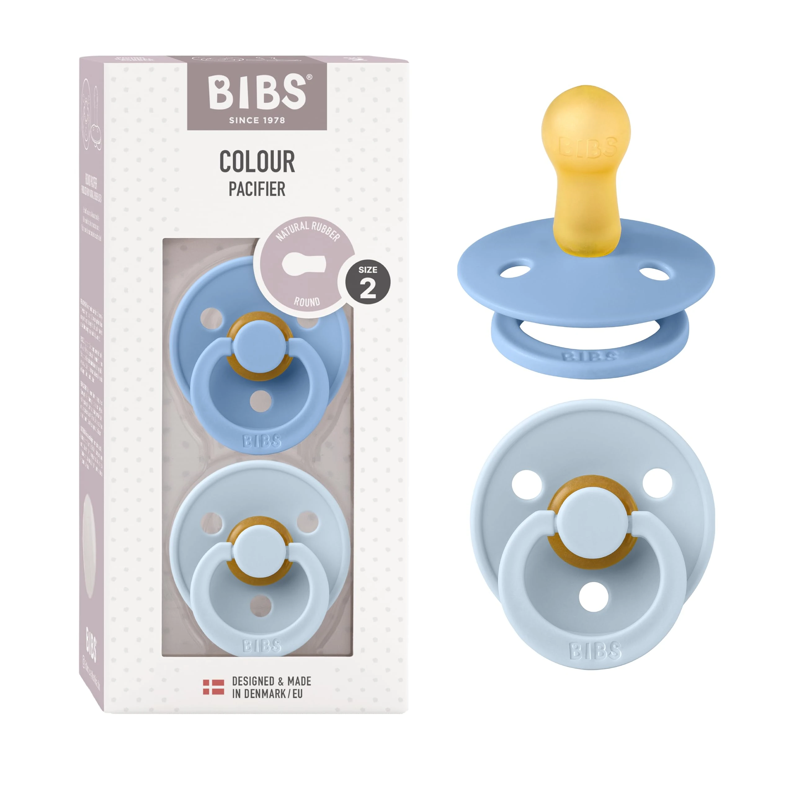 BIBS Colour Soother 2-Pack, BPA Free Dummy Pacifier, Round Nipple. Natural Rubber Latex, Size 2 (6-18 Months), Sky Blue/Baby Blue