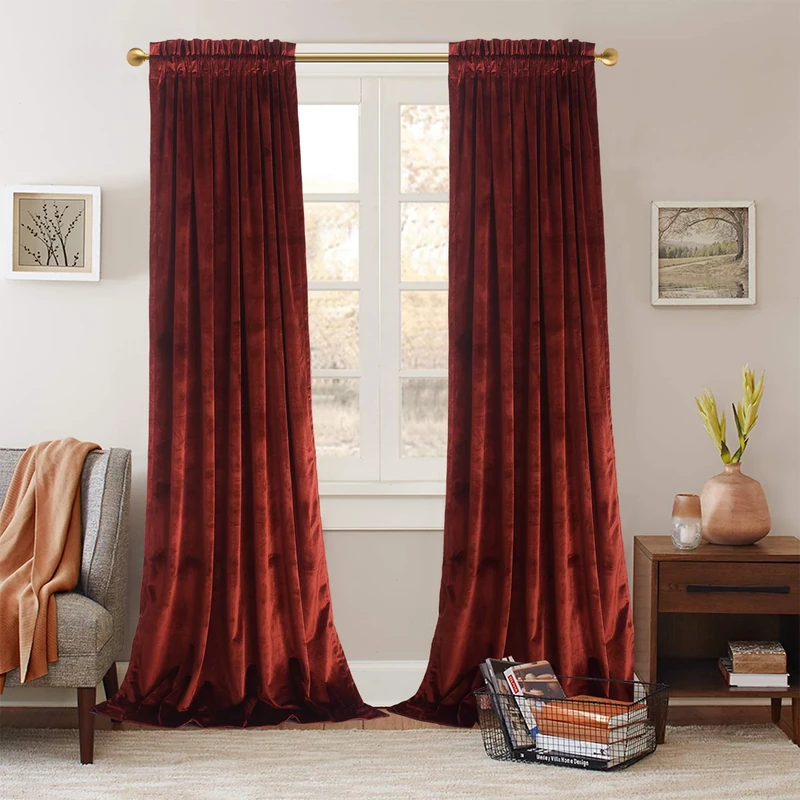 Roslynwood Velvet Luxurious Rust Red Elegant Curtains Rod Pocket Curtain Panels Light Reducing Privacy Panels Drapes for Bedroom/Kids Room, W52 by L96