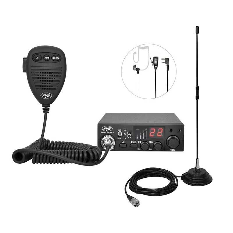 CB PNI ESCORT HP 8001L ASQ 4W 12V radio station package, 40 channels + CB PNI Extra 40 antenna with magnet included, length 45 cm, 30W