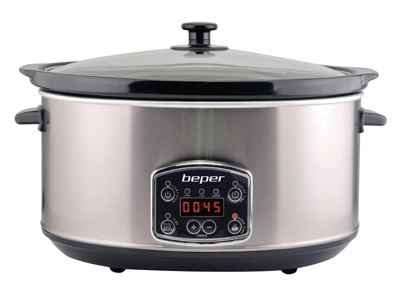 BEPER BC.510 Slow Cooker, 280 W, 4.5 Liter, Ceramic Glass, Black and Steel - Image 1