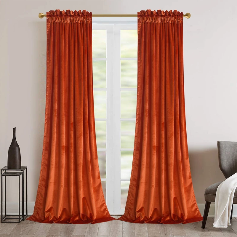 Roslynwood Velvet Red Orange Curtains - Soft Luxury Thermal Insulated, Rod Pocket, Living Room, Set of 2 Panels, W52 x L84